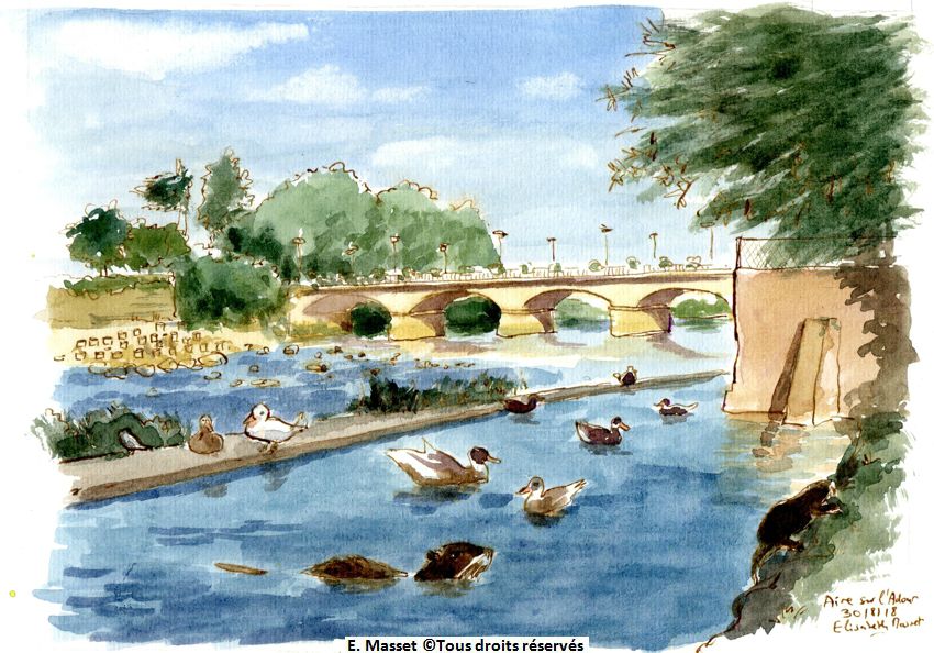 Aire sur AdourChemin de Compostelle. Les quais, avec plein de canards et une loutre. Encre et aquarelle. Août 2018.