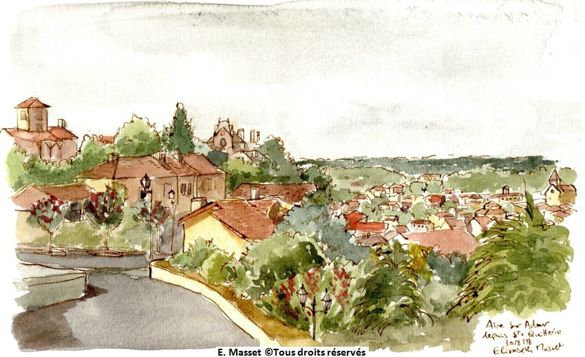 Aire sur AdourChemin de Compostelle. Pas envie de dessiner une nième église (St Quiterie), alors j'ai fait la vue sur la ville. Encre et aquarelle. Août 2018.