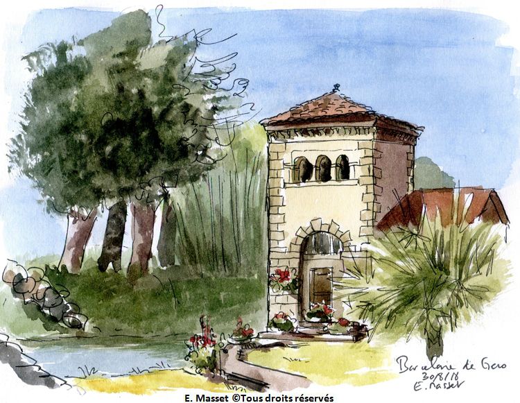 Barcelone du Gers .Chemin de Compostelle. L'ancienne prison. Croquis à l'encre et aquarelle. Août 2018.