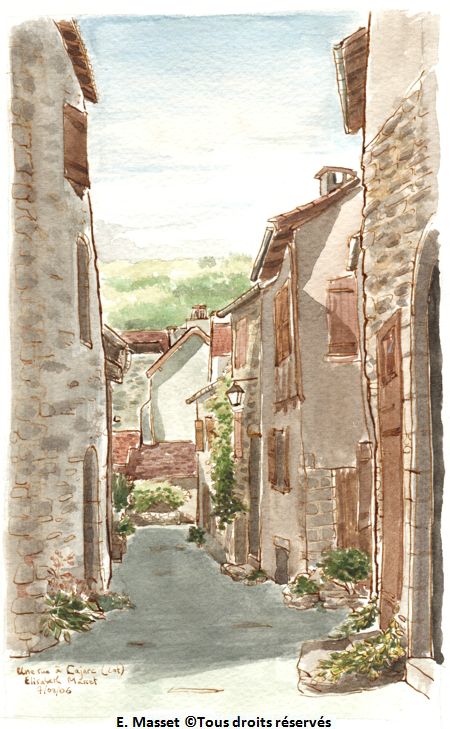 Cajarc (Lot)Jour de relâche, pour refaire un peu les pieds. Cette rue m'a plu par sa composition, et comme j'étais reposée, les ombres sont plus intenses. Août 2006.