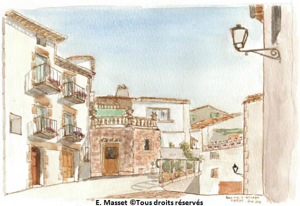 Le village de Cirauqui, en Espagne. A l'heure du déjeuner. Août 2003.