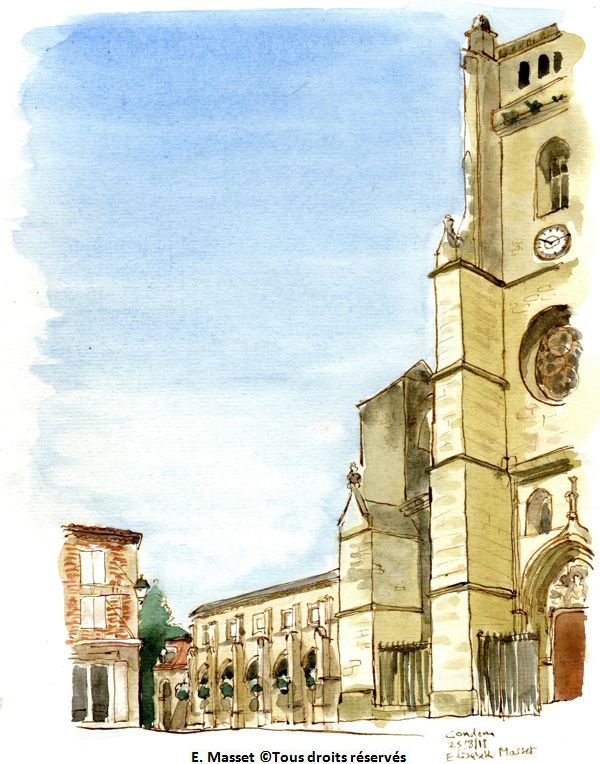 Condom, la cathédrale et la place Bossuet .Chemin de Compostelle. Encre et aquarelle. Août 2018.