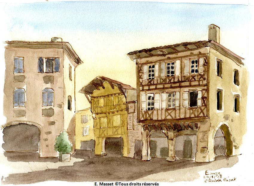 Eauze, place d'Armagnac.Chemin de Compostelle. La Maison Jeanne d'Albret. Chaud, les colombages en contre jour. Encre et aquarelle. Août 2018.