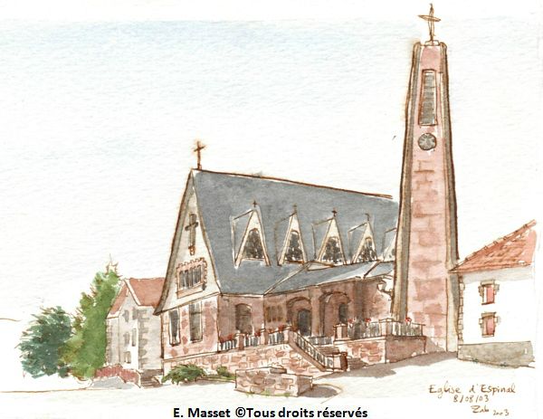 Espinal (Espagne)Une église pas franchement jolie mais amusante à dessiner. Août 2003.