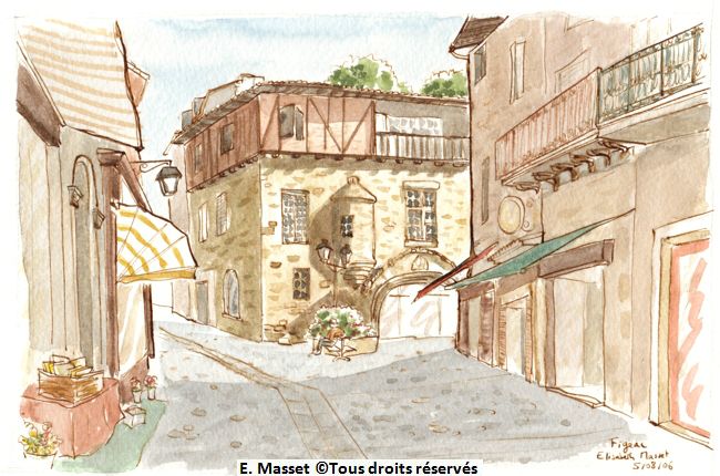 Figeac (Lot)Deuxième jour de marche et déjà crevée... J'ai pris le premier point de vue que je trouvais qui pouvait se dessiner depuis une table de café, avec une bonne bière. Un groupe de randonneurs rencontrés la veille me tenait compagnie. Août 2006.