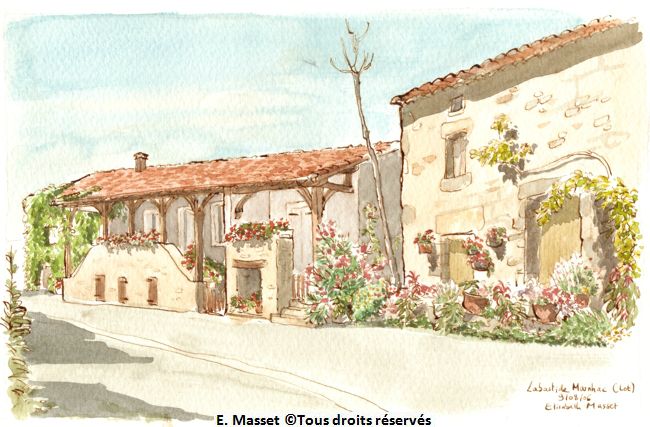 Labastide Marnhac (Lot)J'ai aimé l'abondance et la varité des fleurs disposées devant la maison de droite, cet arbre mort un peu incongru au milieu, et la forme de la maison de gauche. Août 2006.