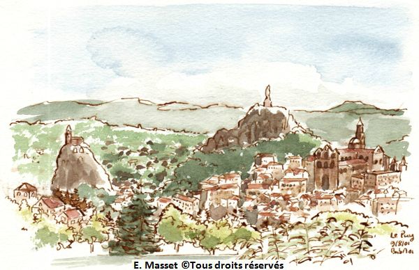 Le Puy en Velay.Juste après le départ. Croquis réalisé en 1/2 h. Août 2001.