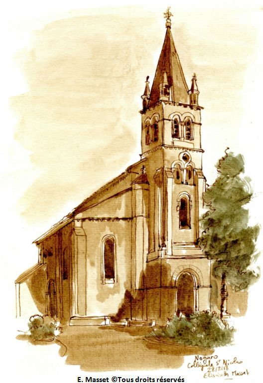 Nogaro, collégiale St NicolasChemin de Compostelle. Bon, encore une église, mais là je l'ai traitée au lavis, pour changer. Encre et aquarelle. Août 2018.