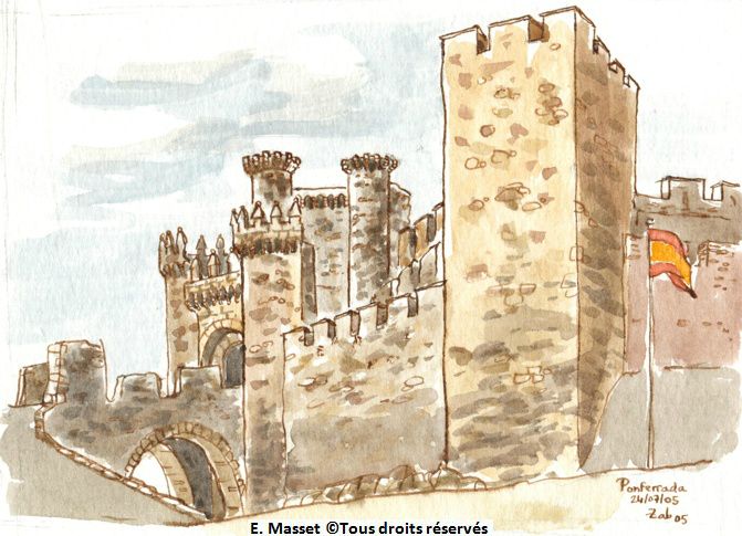 Le château de PonferradaJe l'appelle le "château Playmobil", tellement la restauration... outrageuse sonne faux. mais c'est amusant à dessiner, même si le temps qui m'était imparti était de 1h. Juillet 2005.