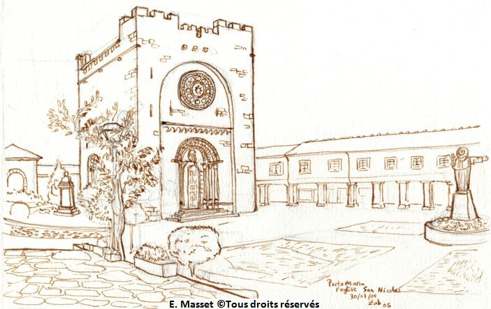 Portomarin, l'église San NicolasL'église a été démontée du village original (englouti) et remontée à l'identique. Je donnais un cours de dessin à quelques pèlerins, pas eu le temps de faire la couleur. Juillet 2005.