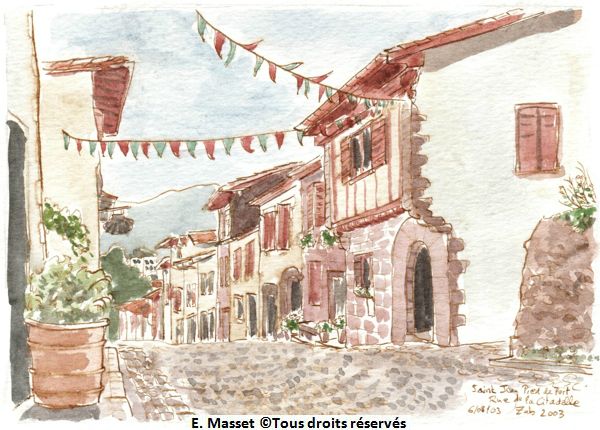 La ville légendaire de Saint Jean Pied de Port, au pied du col de Roncevaux. Il y a un monde fou mais je n'ai dessiné que le décor. Août 2003.
