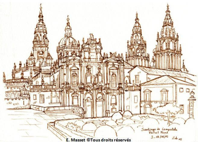La cathédrale de Santiago de Compostela.Sur place, je n'ai fait que le croquis au crayon. Le dessin à l'encre a été réalisé d'après des photos que j'ai prises au moment du croquis. Août 2005.