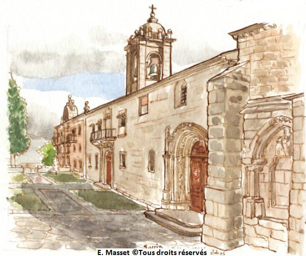 Le monastère de SarriaDès le départ, j'ai pris 2h30 de retard sur les autres pèlerins, avec ce dessin. Juillet 2005. Collection Marsan
