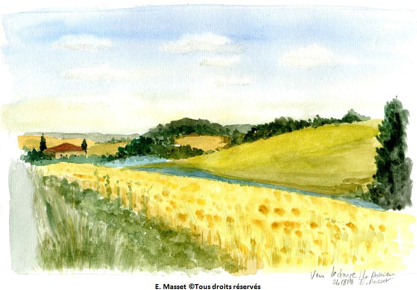 Lectoure .Ah, me revoici sur le chemin de compostelle ! Un petit aire de Toscane, non ? Aquarelle. Août 2018.