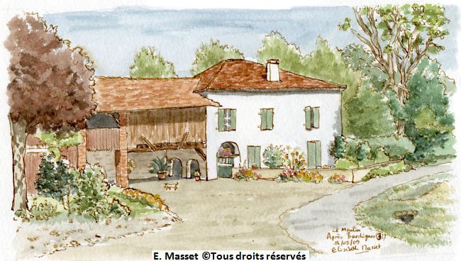 Le moulin d'Arrats.Cette maison m'a bien plu par les formes et les couleurs. L'occasion d'une pause, aussi. Août 2009.