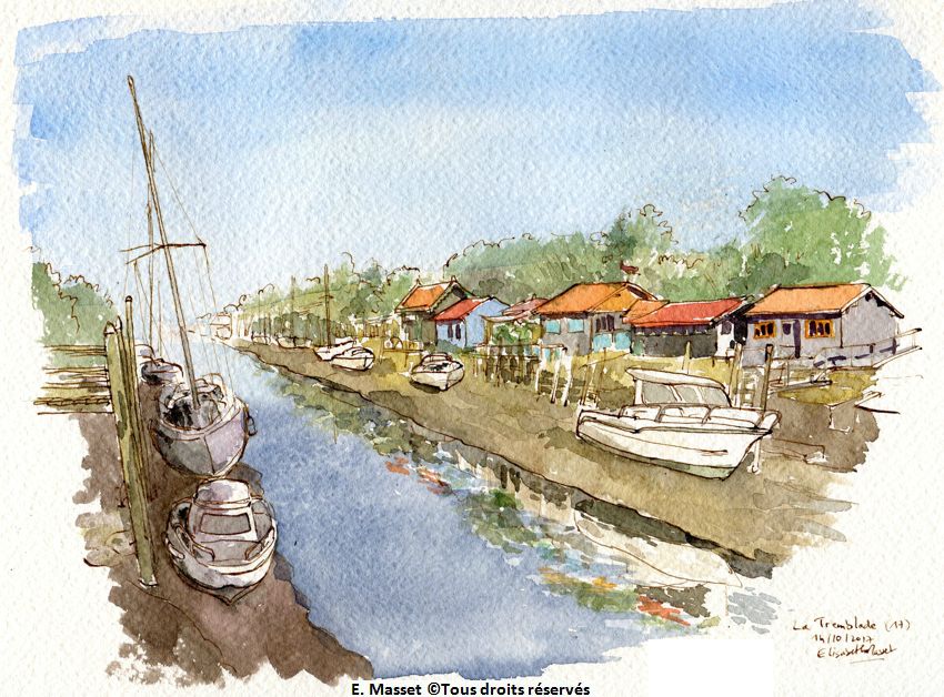 La Tremblade. Le chenal. Encre et aquarelle. Octobre 2017.