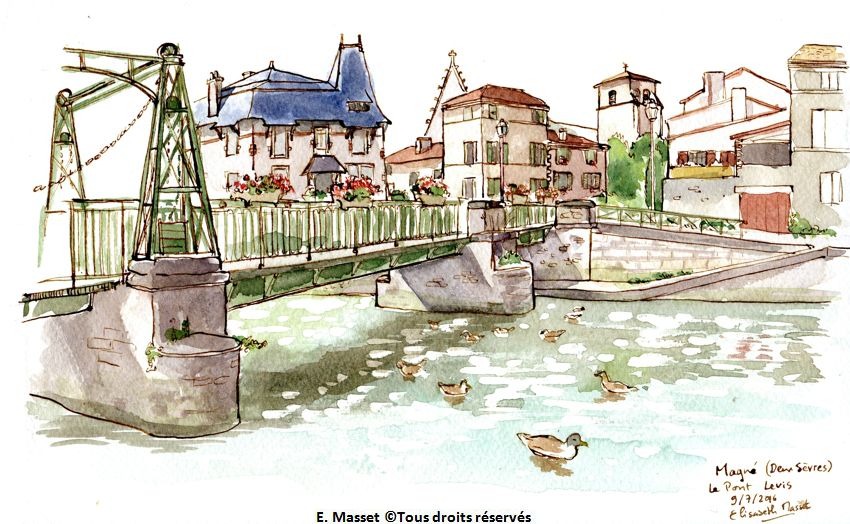 Magné (marais poitevin)Le pont. Encre et aquarelle - Juillet 2016.