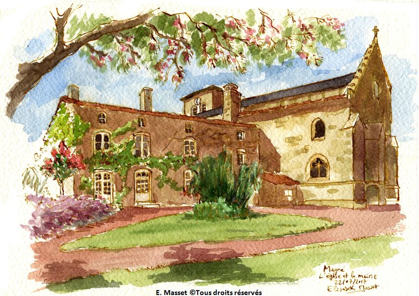 Magné (marais poitevin)L'église (réalisée pendant le festival de Magné). Encre et aquarelle - Juillet 2017.