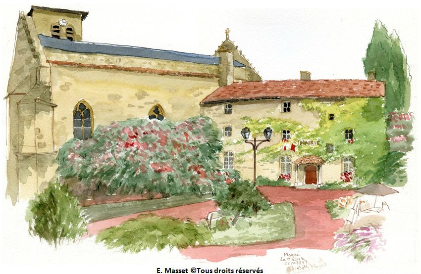 Magné (marais poitevin)La mairie (réalisée pendant le festival de Magné). Encre et aquarelle - Juillet 2017.