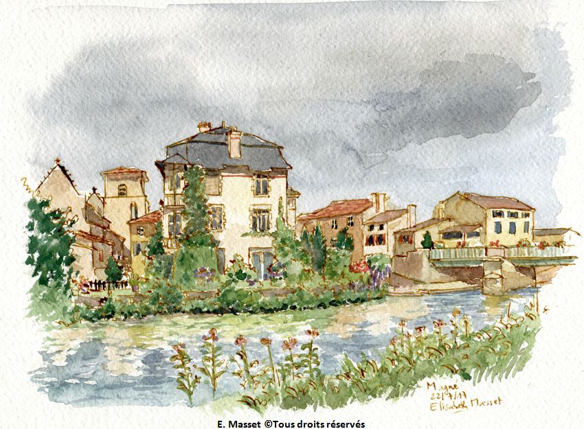 Magné (marais poitevin)Maisons au bord de la Sèvre (présenté au concours du festival international de peinture de Magné). Encre et aquarelle - Juillet 2017.