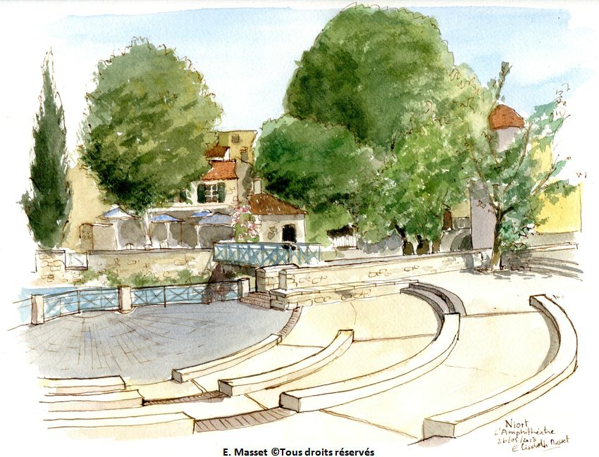 Place de l'amphithéâtre à Niort. Au fond, un restau très sympa, à droite, les bains juinc. Aquarelle et encre. Juin 2018.