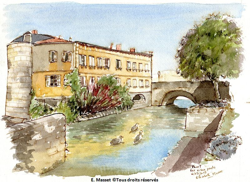 Niort, les Bains JuinUne maison que j'aimais beaucoup, sur la Sèvre, avant restauration. Encre et aquarelle. Mars 2015