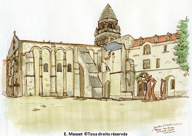 Saintes (Charente Maritime).L'Abbaye aux Dames. Dessin dédié à mes chers cousins Marion et Guillaume qui s'y sont mariés. Août 2010.