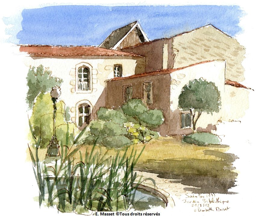 Saintes.Les jardins de la bibliothèque. Encre et aquarelle. Août 2018.