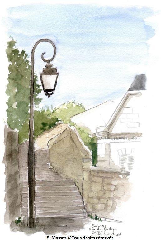 Saintes.Chemin du bastion. Croquis à l'encre et aquarelle. Août 2018.