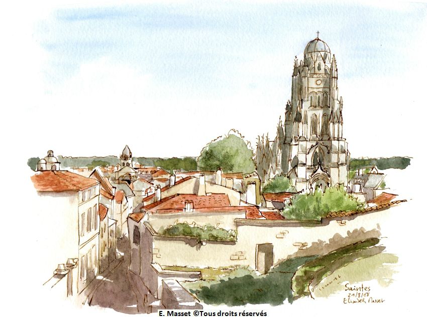 Saintes.Vue de la ville. La cathédrale est un peu trop grande par rapport au reste... mais ça la met en valeur. Encre et aquarelle. Août 2018.