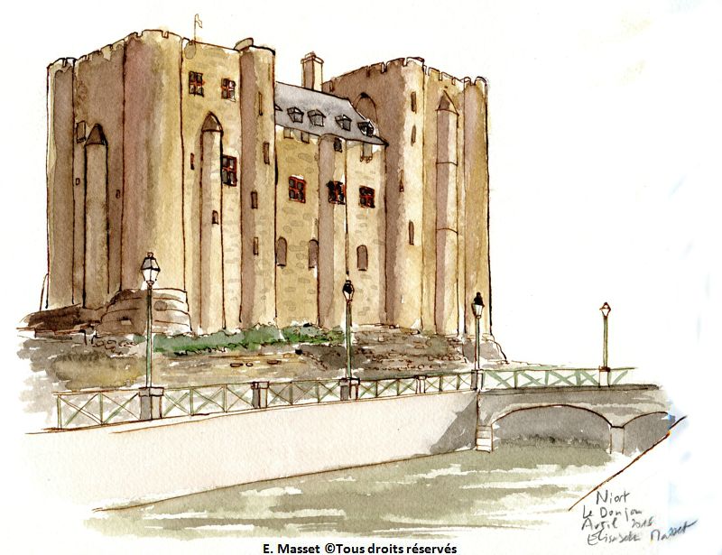 Le donjon de Niort.La lumière déclinante l'assombrit. Encre et aquarelle. Mars 2015.