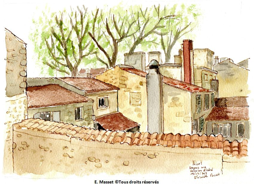 Les toits de Niort Vus depuis mon hôtel, près de la place de la Brèche. Encre et aquarelle.  Mars 2015.
