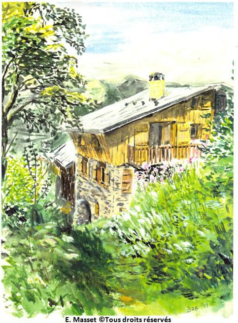 Le chalet familial à la Nouvaz (Savoie).On l'a revendu depuis, et la végétation n'est plus aussi luxuriante... mais il m'avait bien inspirée, pour un début ! Photocopie couleur. Original à la gouache et aquarelle. Août 1991. Collection Jacques et Michèle Masset