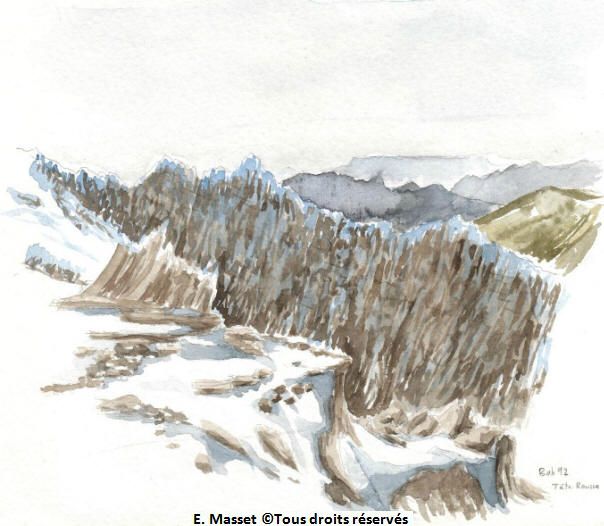 Vue de la montagne depuis le refuge de Tête rousse.Crayon et aquarelle. Septembre 1992.