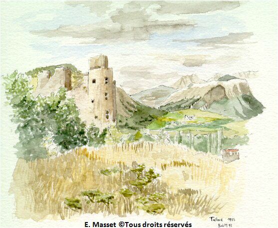 Le vieux château de Tallard (dans les Alpes) Le matin, apprentissage du parachutisme, l'après-midi, aquarelles... Crayon (avec une pointe d'encre de chine) et aquarelle. Août 1993.