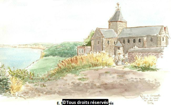 L'église et le fameux cimetière marin de Varengeville.Près de Dieppe, en Normandie. Juillet 2001.