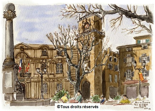 La place de l'Hôtel de Ville à Aix en Provence. Merci au petit salon de thé qui m'a accueillie 3h sur sa terrasse, pour deux cafés. Février 2006. Collection Piquet-Bonfils  