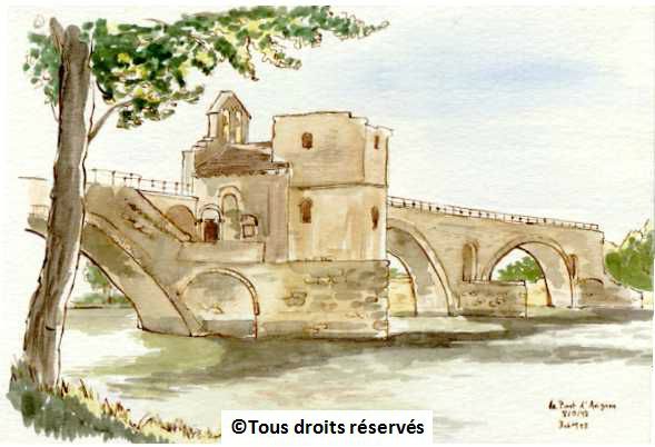 Présente- t on encore le Pont d'Avignon ? Vu depuis les berges du Rhône, pendant mon tour de France en moto. Septembre 1998.