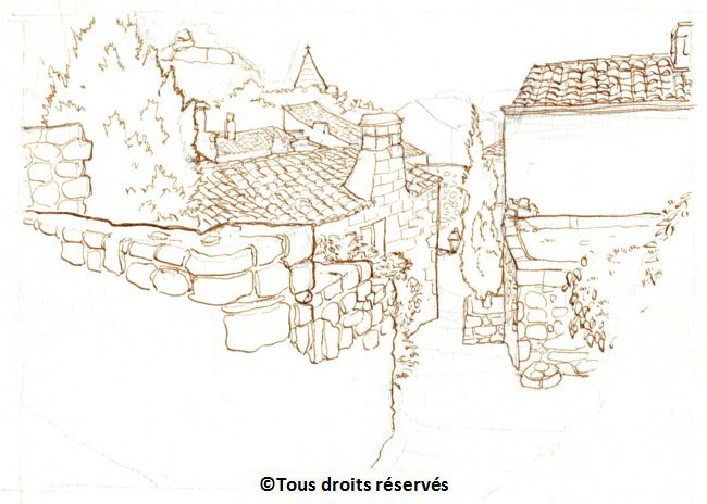 les toits des Baux de Provence. Pas facile de trouver une perspective. Là j'étais en équilibre sur un muret, et il a commencé à pleuvoir avant que je puisse mettre la couleur. Août 2004.