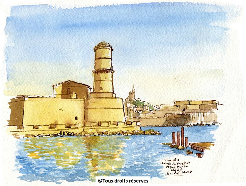 Entrée du port à MarseilleDepuis le Mucem. Encre et aquarelle. Mars 2017. Collection Sophie Masset.