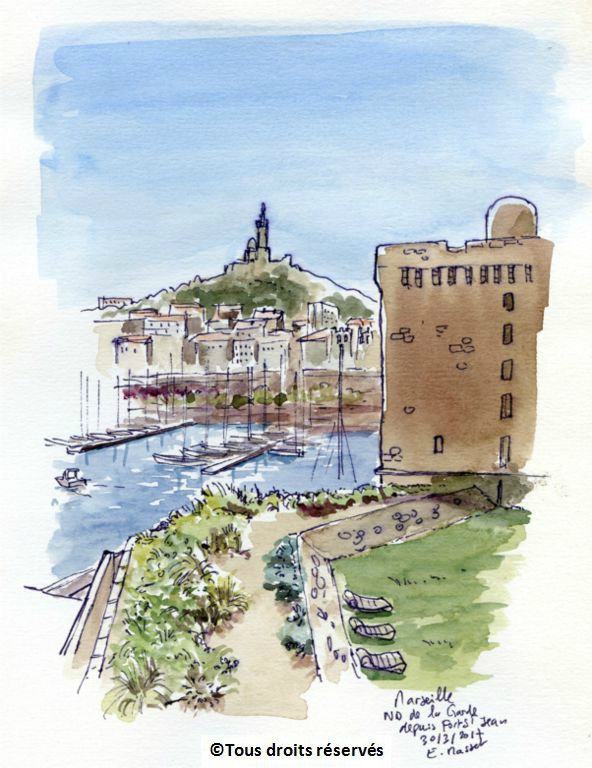 Le Port de Marseille depuis le fort St Jean.Croquis au stylo et aquarelle. Mars 2017. 