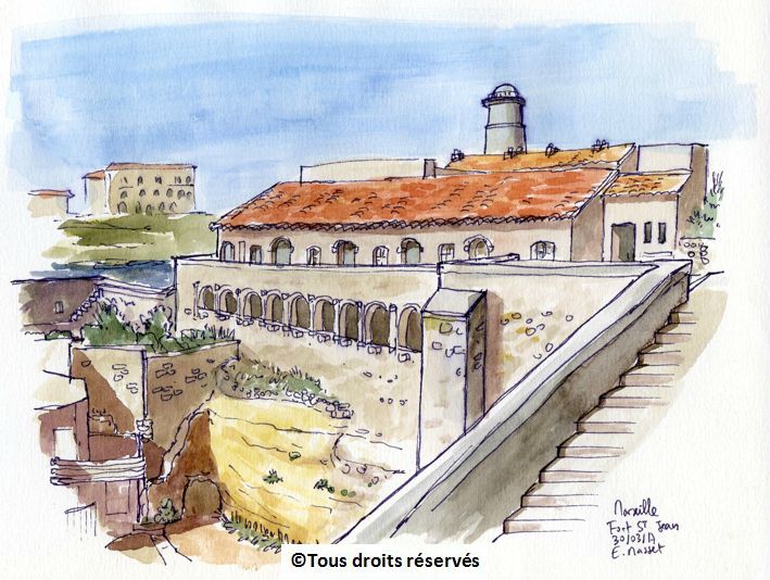 Marseille, l'intérieur du fort St Jean.Croquis au stylo et aquarelle. Mars 2017. 