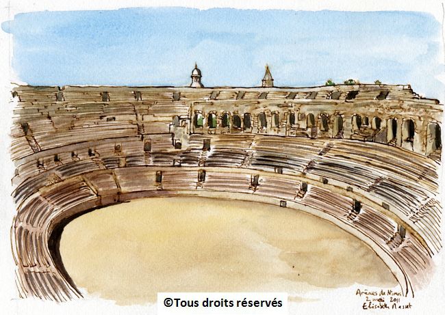 Nîmes. Tentative de dessin des arènes... Trop barbants à dessiner ces gradins ! Surtout au soleil, à midi. Mai 2011.