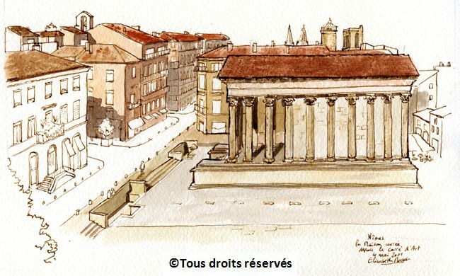 Nîmes, la Maison Carrée, depuis le carré d'Art. Ah le carré d'Art ! Premier essai, dimanche : fermé pour cause de 1er mai. Deuxième essai, le lendemain : fermé le lundi. 3eme essai, le lendemain : le bar ferme à 18h... Mai 2011.