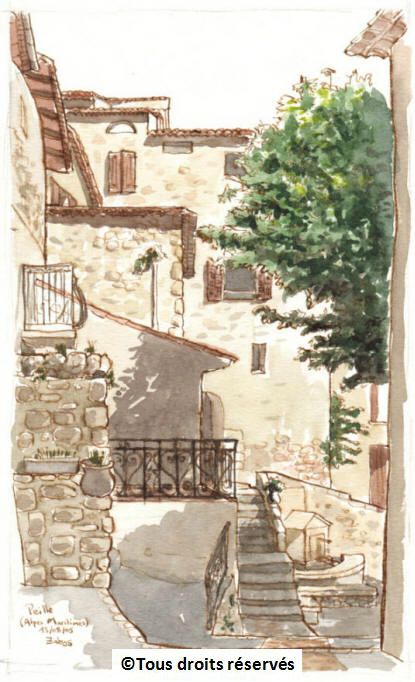Le village de Peille, dans la région de Nice. Tellement de points de vue à peindre ! C'était difficile de choisir. Août 2005.