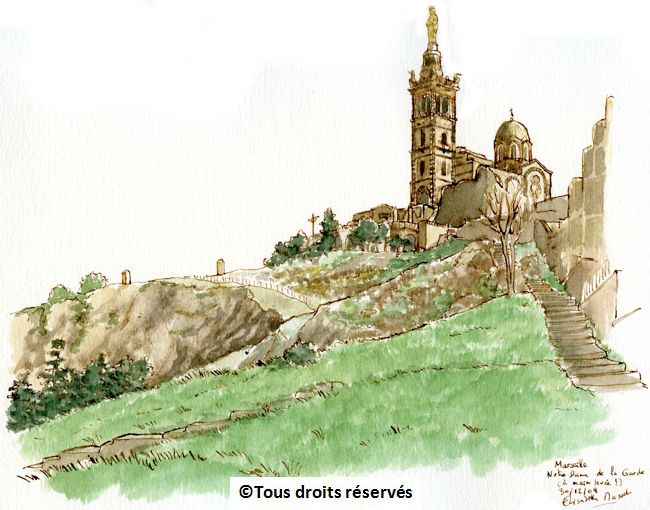 Marseille - Montée vers Notre Dame de la Garde.Eh oui, au milieu de toutes ces vagues de froid, il y a eu UN jour à 18°C à Marseille fin décembre et j'étais là ! Je n'avais pas de crayon à papier alors j'ai du faire le dessin à l'encre à main levée. Décembre 2009.