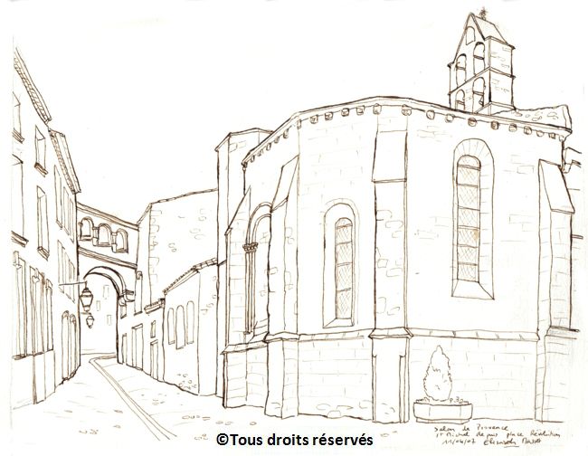 Salon de Provence, une rue (croquis). Quand j'ai fini le dessin, il commençait à pleuvoir, et le soleil n'est pas revenu avant mon départ de Salon. L'ensemble étant assez monochrome, la mise en couleurs n'aurait pas d'intérêt sans lumière... Dessin à l'encre sépia. Avril 2007.