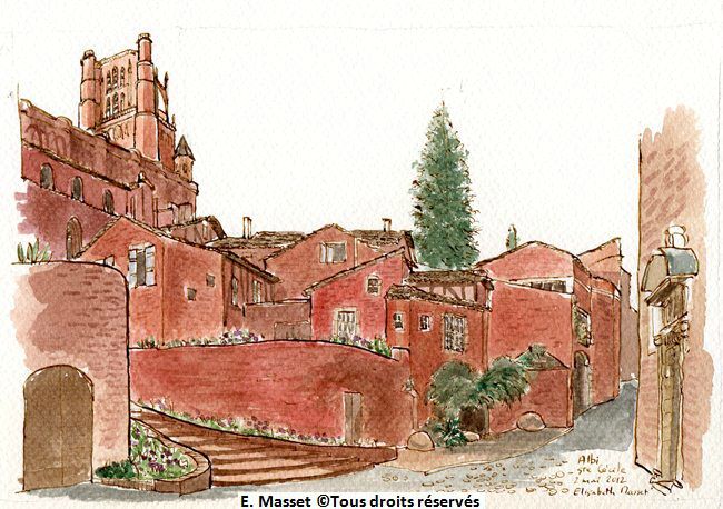 Albi, arrière de la cathédrale Sainte Cécile.Un homme qui a regardé mon dessin m'a dit que je devais renforcer les couleurs. OK.  Mai 2012.