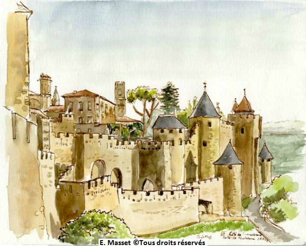 La cité de Carcassonne.Avec différents effets de lumière mélangés, lors de mon tour de France à moto. Août 1998. Collection Petetin