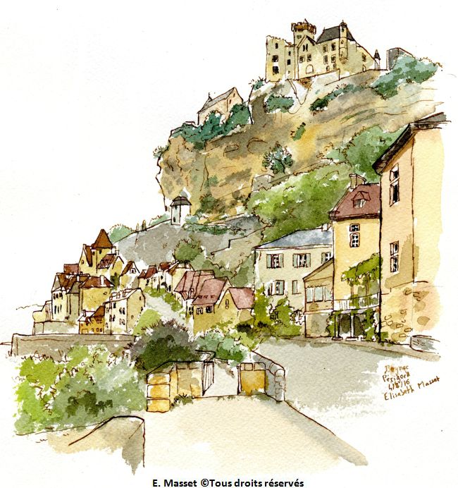 Beynac, beau village en bordure de la Dordogne. Mais pas de soleil ! Encre sépia et aquarelle. Août 2016.